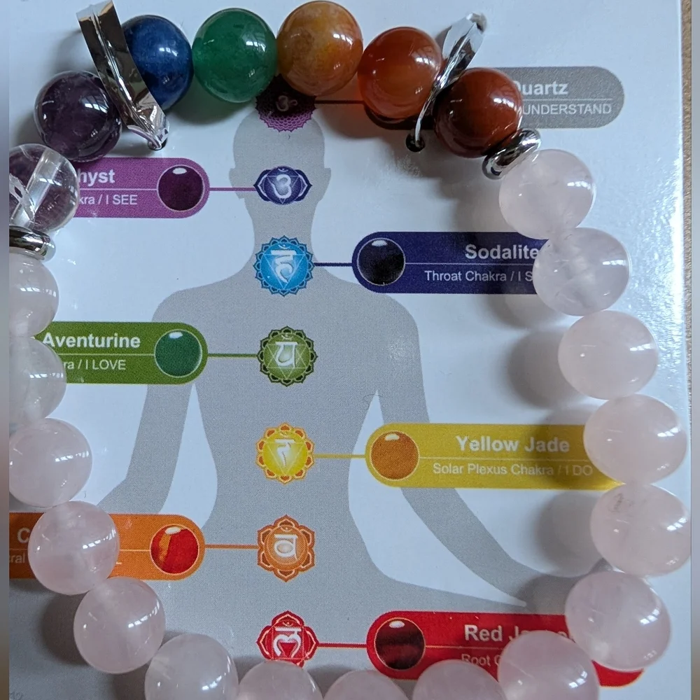 Chakra Healing Bracelet with Rose Quartz and Multicolor Beads